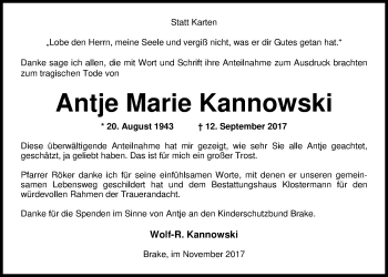 Traueranzeige von Antje Marie Kannowski von Nordwest-Zeitung