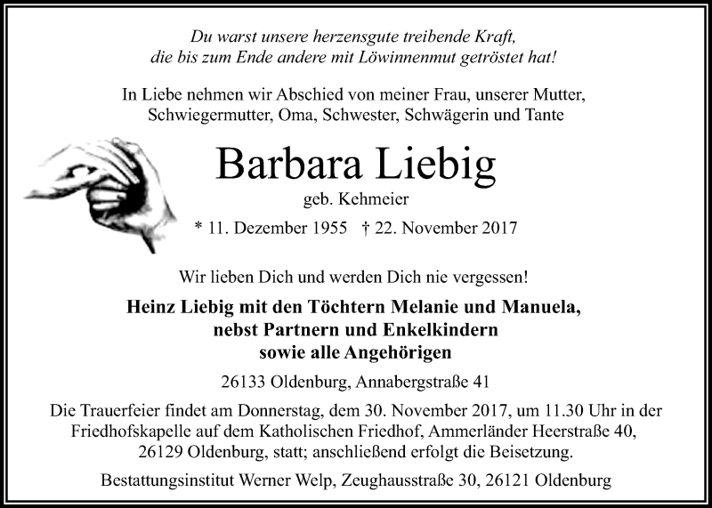  Traueranzeige für Barbara Liebig vom 27.11.2017 aus Nordwest-Zeitung