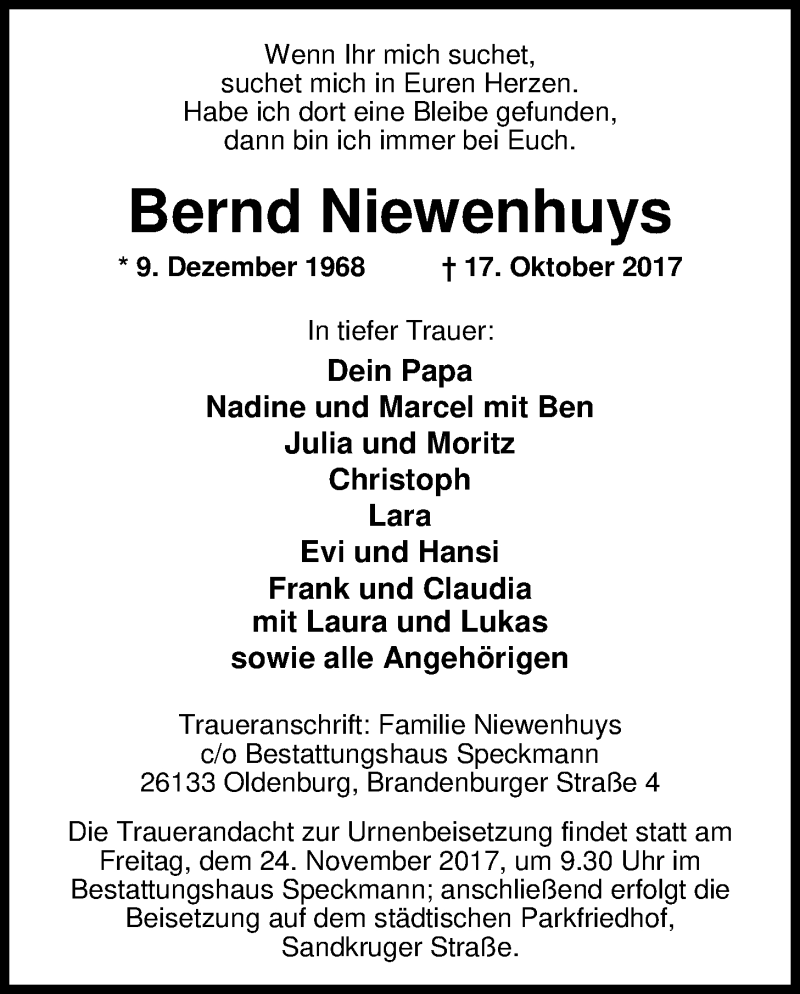  Traueranzeige für Bernd Niewenhuys vom 18.11.2017 aus Nordwest-Zeitung