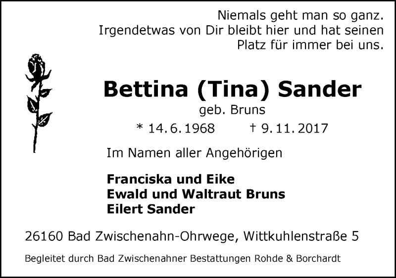  Traueranzeige für Bettina Sander vom 15.11.2017 aus Nordwest-Zeitung