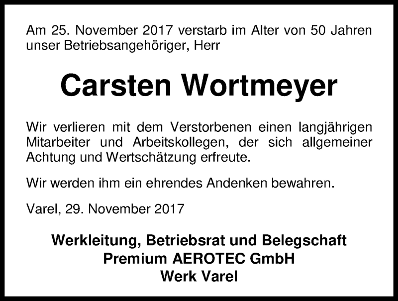 Traueranzeige für Carsten Wortmeyer vom 29.11.2017 aus Nordwest-Zeitung
