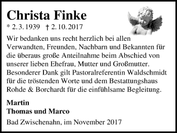 Traueranzeige von Christa Finke von Nordwest-Zeitung