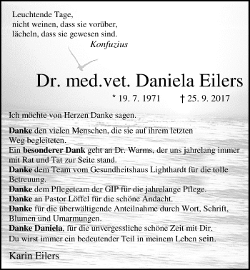 Traueranzeige von Daniela Eilers von Nordwest-Zeitung