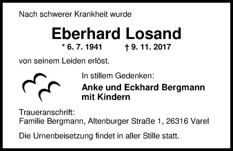 Traueranzeige für Eberhard Losand vom 11.11.2017 aus Nordwest-Zeitung
