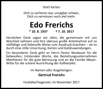 Traueranzeige von Edo Frerichs von Nordwest-Zeitung