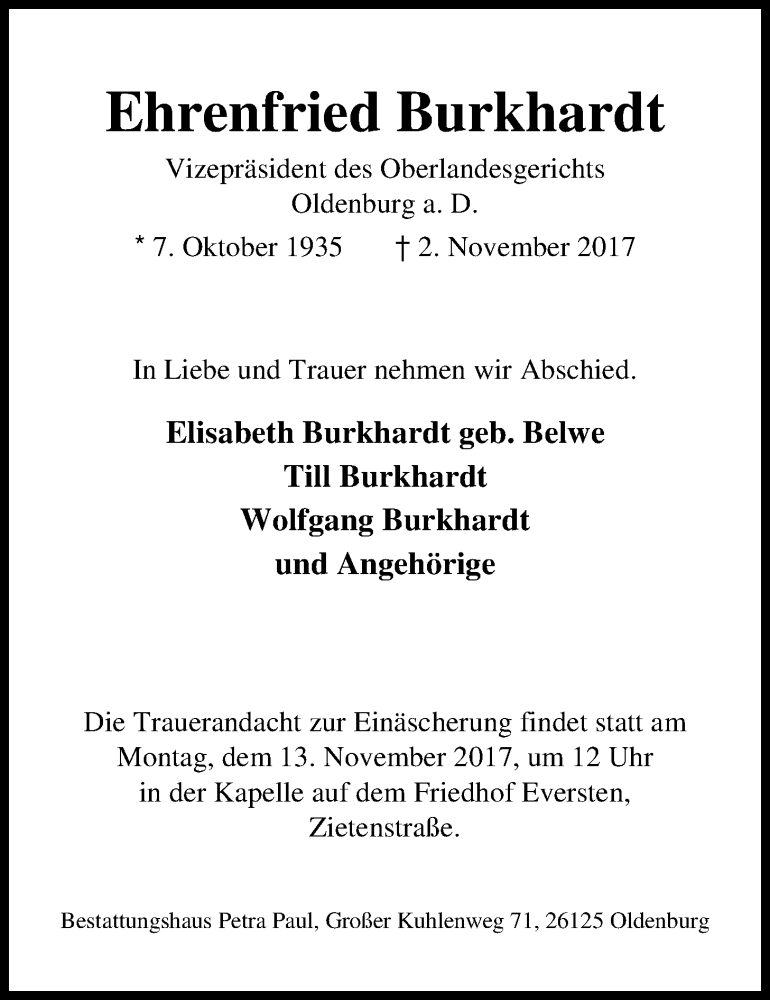  Traueranzeige für Ehrenfried Burkhardt vom 07.11.2017 aus Nordwest-Zeitung