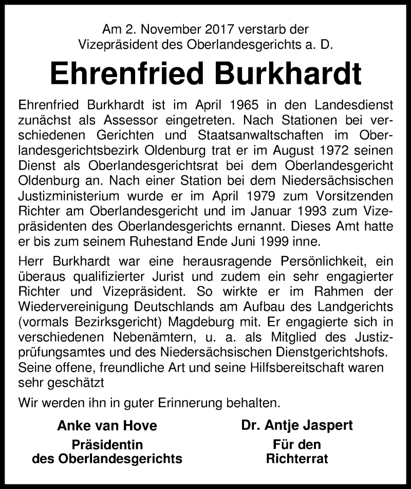  Traueranzeige für Ehrenfried Burkhardt vom 07.11.2017 aus Nordwest-Zeitung