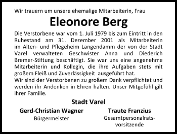 Traueranzeige von Eleonore Berg von Nordwest-Zeitung