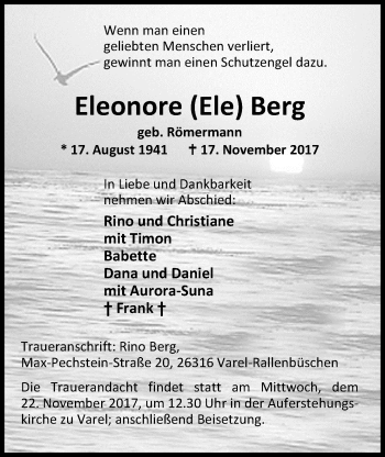 Traueranzeige von Eleonore Berg von Nordwest-Zeitung