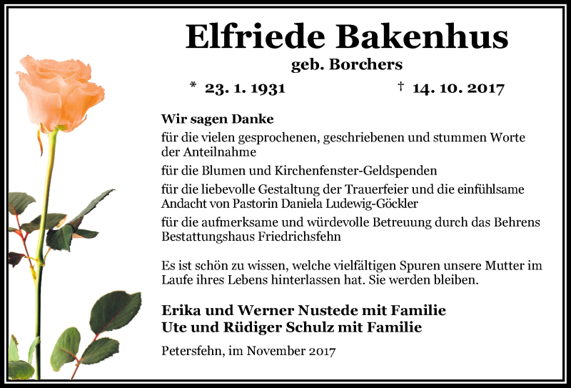  Traueranzeige für Elfriede Bakenhus vom 11.11.2017 aus Nordwest-Zeitung
