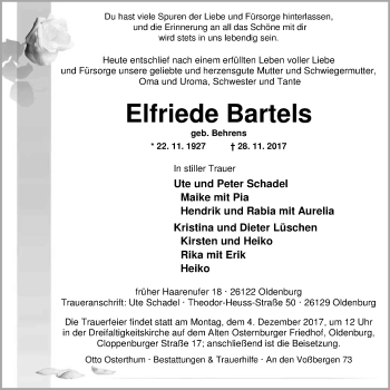 Traueranzeige von Elfriede Bartels von Nordwest-Zeitung