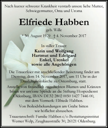 Traueranzeige von Elfriede Habben von Nordwest-Zeitung