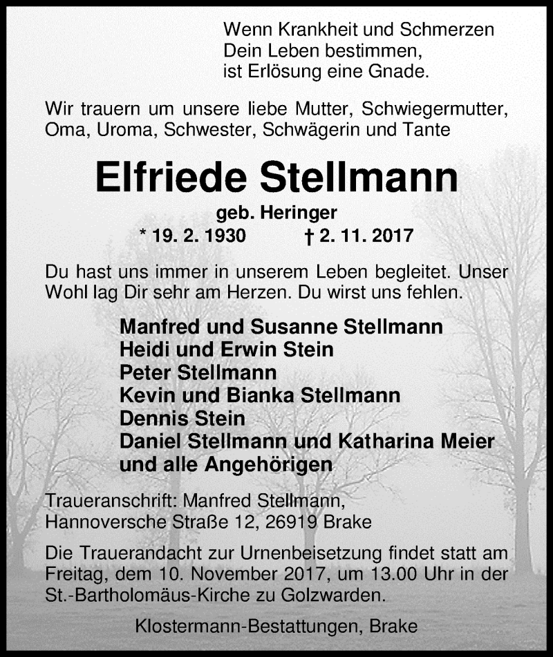  Traueranzeige für Elfriede Stellmann vom 07.11.2017 aus Nordwest-Zeitung