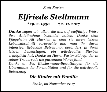 Traueranzeige von Elfriede Stellmann von Nordwest-Zeitung