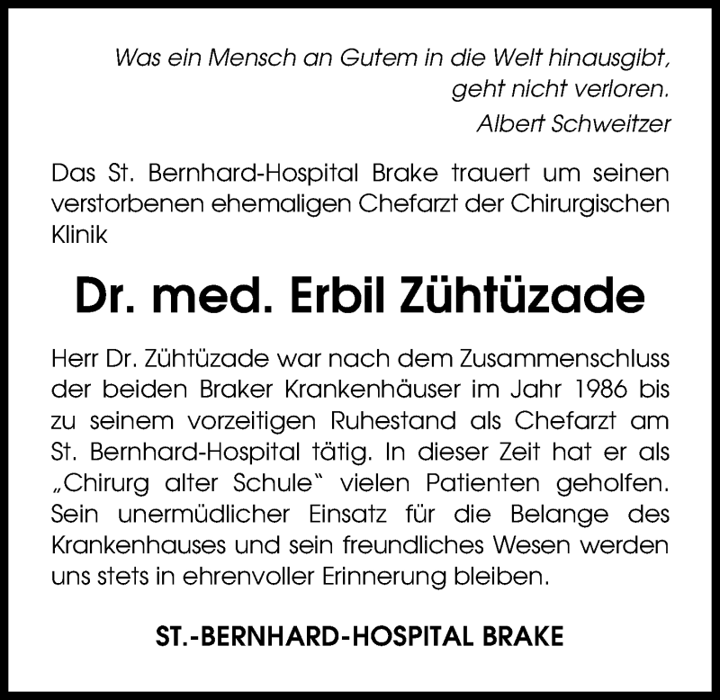 Traueranzeige für Dr. Erbil Pertev Zühtüzade vom 22.11.2017 aus Nordwest-Zeitung