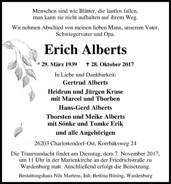 Traueranzeige von Erich Alberts von Nordwest-Zeitung