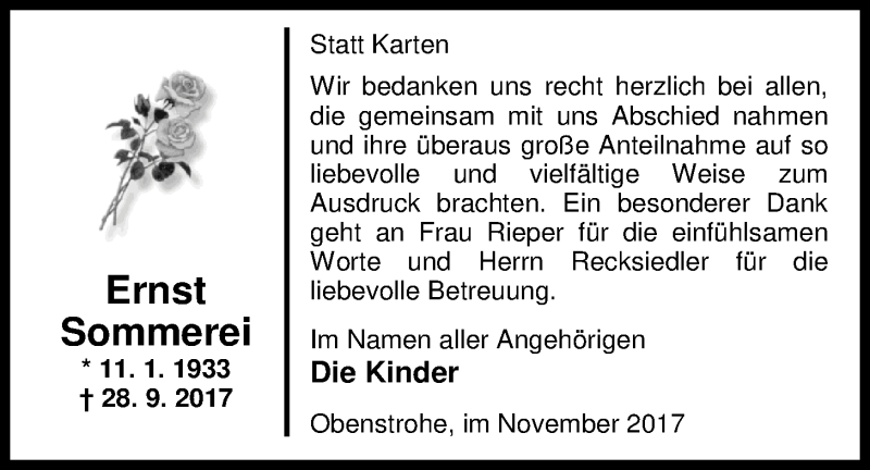  Traueranzeige für Ernst Sommerei vom 04.11.2017 aus Nordwest-Zeitung