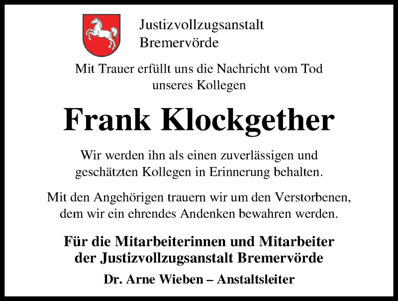  Traueranzeige für Frank Klockgether vom 14.11.2017 aus Nordwest-Zeitung