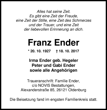 Traueranzeige von Franz Ender von Nordwest-Zeitung