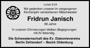 Traueranzeige von Fridrun Janisch von Nordwest-Zeitung