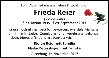 Traueranzeige von Frieda Reier von Nordwest-Zeitung