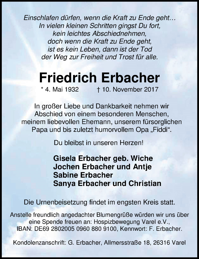  Traueranzeige für Friedrich Erbacher vom 18.11.2017 aus Nordwest-Zeitung