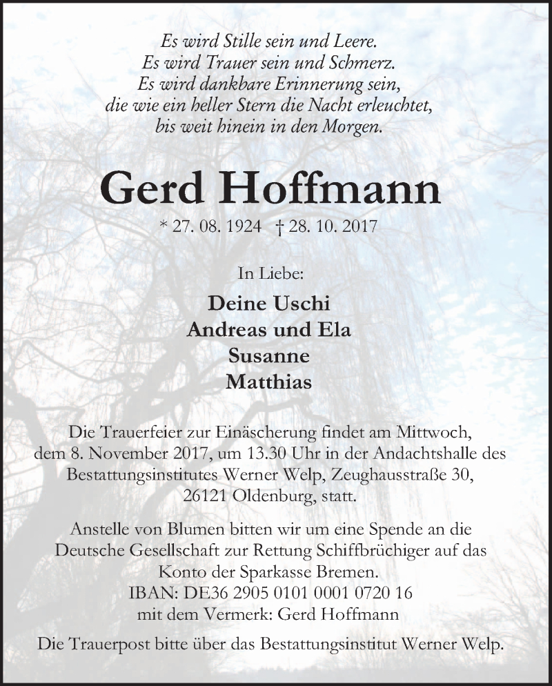  Traueranzeige für Gerd Hoffmann vom 04.11.2017 aus Nordwest-Zeitung