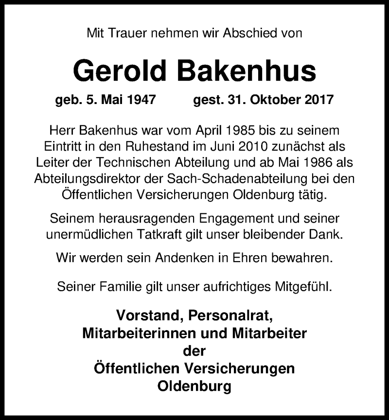  Traueranzeige für Gerold Bakenhus vom 04.11.2017 aus Nordwest-Zeitung
