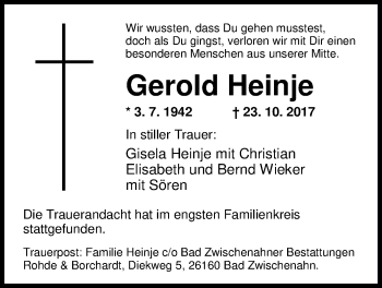Traueranzeige von Gerold Heinje von Nordwest-Zeitung