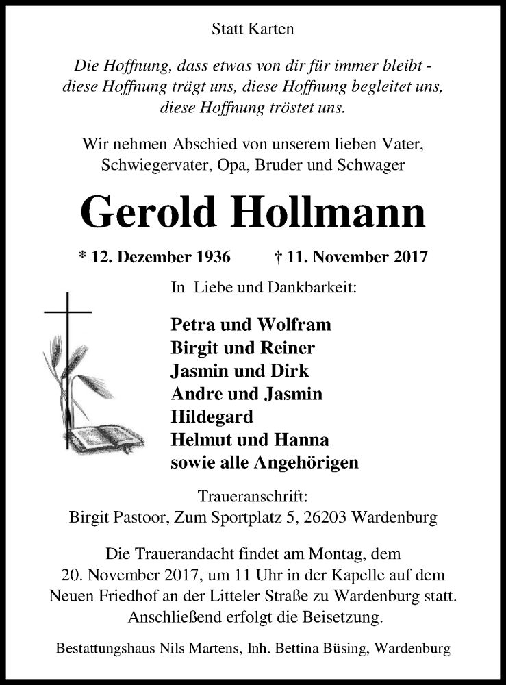  Traueranzeige für Gerold Hollmann vom 15.11.2017 aus Nordwest-Zeitung
