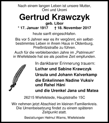 Traueranzeige von Gertrud Krawczyk von Nordwest-Zeitung