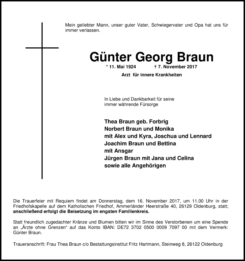  Traueranzeige für Günter Georg Braun vom 11.11.2017 aus Nordwest-Zeitung