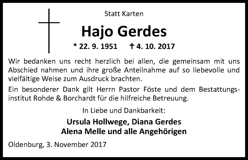  Traueranzeige für Hajo Gerdes vom 10.11.2017 aus Nordwest-Zeitung