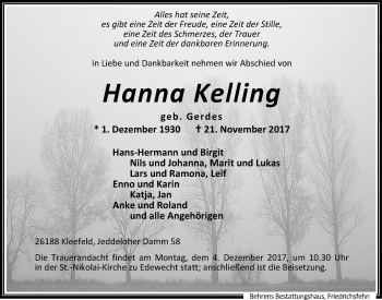 Traueranzeige von Hanna Kelling von Nordwest-Zeitung