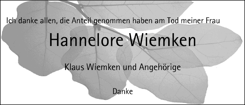  Traueranzeige für Hannelore Wiemken vom 04.11.2017 aus Nordwest-Zeitung