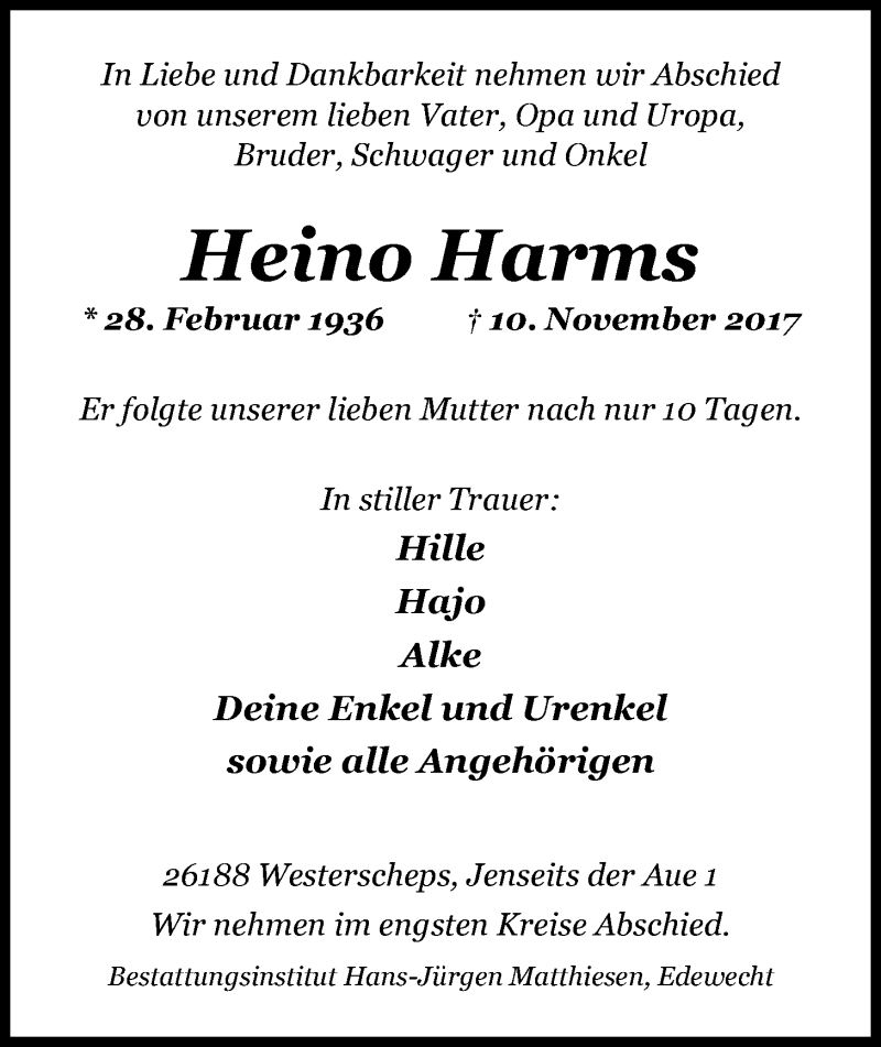  Traueranzeige für Heino Harms vom 13.11.2017 aus Nordwest-Zeitung