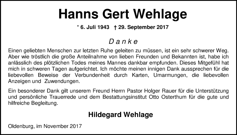  Traueranzeige für Hanns Gert Wehlage vom 11.11.2017 aus Nordwest-Zeitung