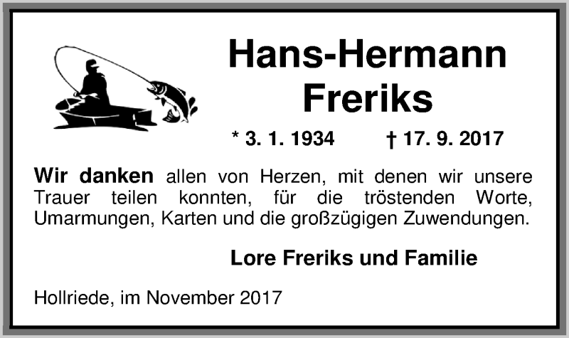  Traueranzeige für Hans-Hermann Freriks vom 04.11.2017 aus Nordwest-Zeitung