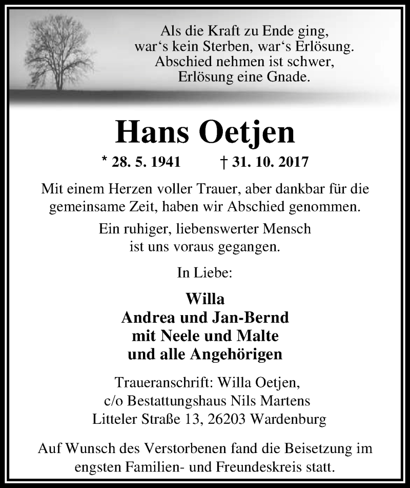  Traueranzeige für Hans Oetjen vom 10.11.2017 aus Nordwest-Zeitung