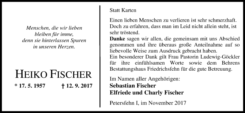  Traueranzeige für Heiko Fischer vom 04.11.2017 aus Nordwest-Zeitung