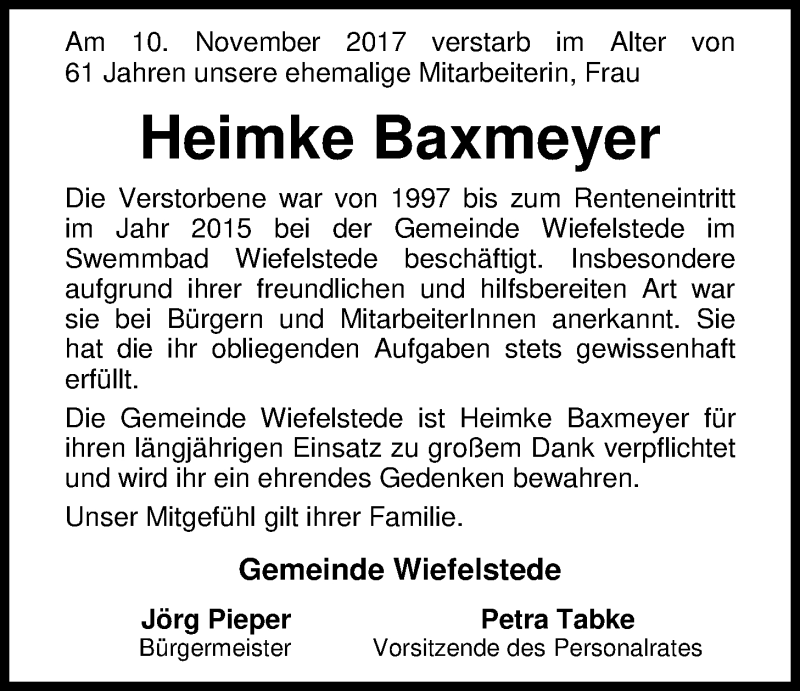  Traueranzeige für Heimke Baxmeyer vom 14.11.2017 aus Nordwest-Zeitung