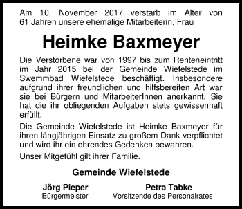 Traueranzeige von Heimke Baxmeyer von Nordwest-Zeitung