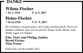 Traueranzeige von Heino Fischer von Nordwest-Zeitung