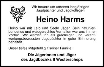 Traueranzeige von Heino Harms von Nordwest-Zeitung
