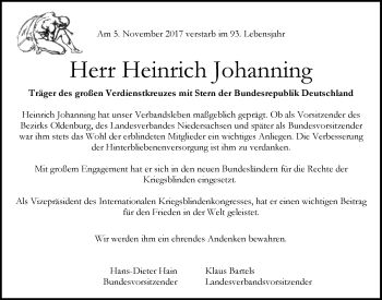 Traueranzeige von Heinrich Johanning von Nordwest-Zeitung
