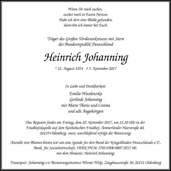 Traueranzeige von Heinrich Johanning von Nordwest-Zeitung