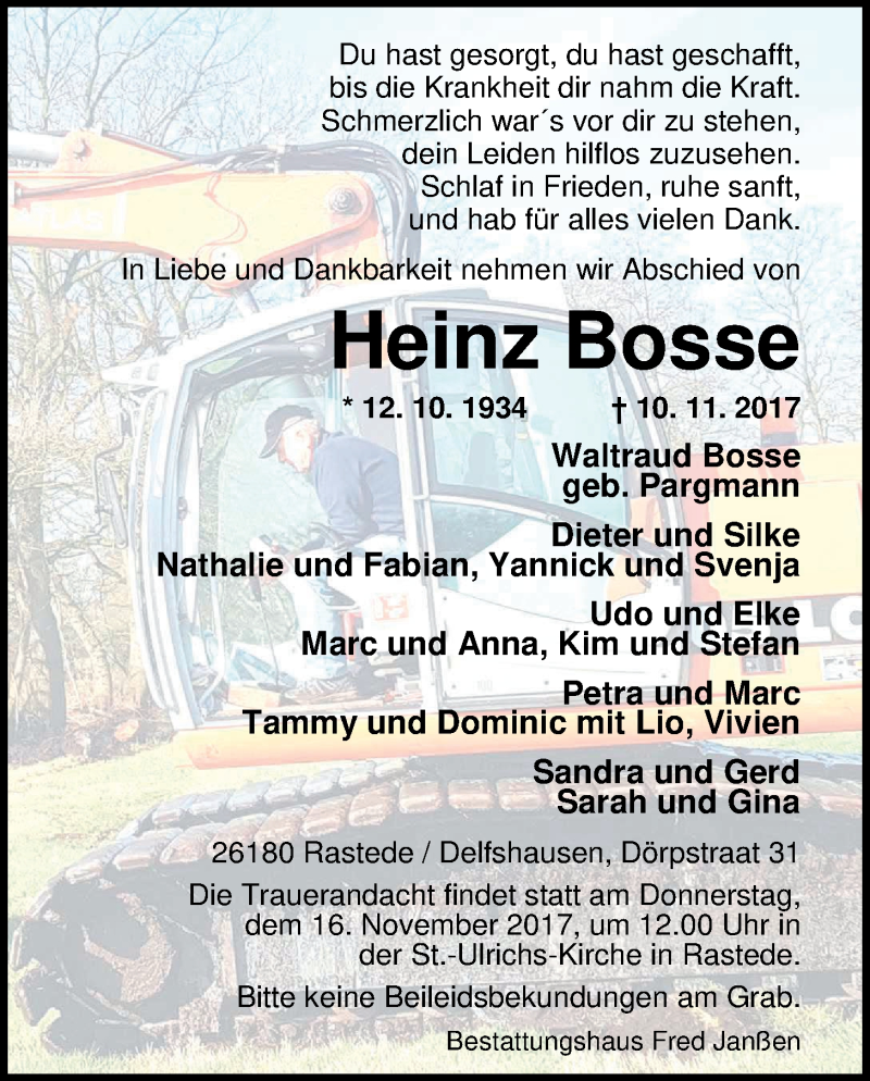  Traueranzeige für Heinz Bosse vom 13.11.2017 aus Nordwest-Zeitung