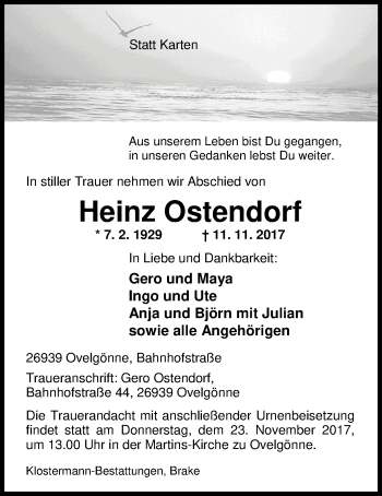 Traueranzeige von Heinz Ostendorf von Nordwest-Zeitung