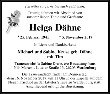 Traueranzeige von Helga Dähne von Nordwest-Zeitung