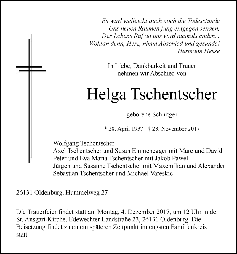  Traueranzeige für Helga Tschentscher vom 28.11.2017 aus Nordwest-Zeitung
